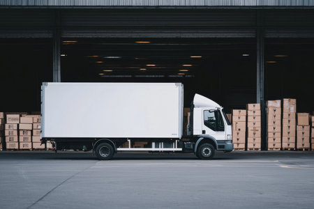 A large white delivery truck parked near a warehouse, showcasing cardboard boxes stacked inside. Ideal for logistics and transportation themes.の素材