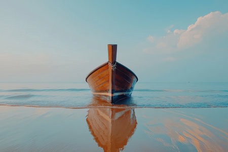 Discover a serene coastal landscape showcasing a wooden boat on crystal clear waters. Experience tranquility and beauty in this idyllic beach scene under a bright sky.の素材