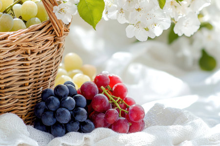 Enjoy a serene picnic under blooming cherry blossoms with a basket of fresh grapes and bright flowers. Perfect for a romantic outdoor setting in spring.の素材