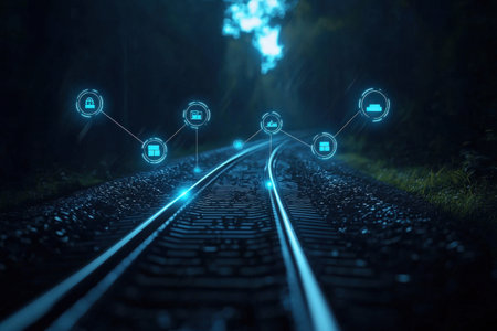 Explore the digital twin concept as it visualizes a supply chain network on a railway track, highlighting connections and innovations in logistics and management technology.の素材