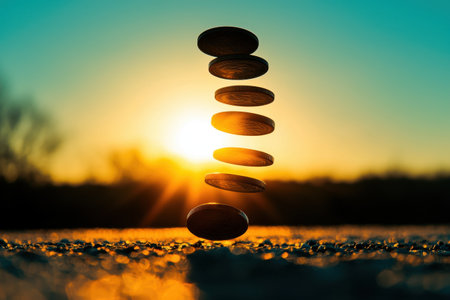 Explore a captivating minimalist photograph showcasing a stack of levitating coins against a vibrant sunset. The intricate details and warm colors create a serene atmosphere perfect for artistic projects.の素材