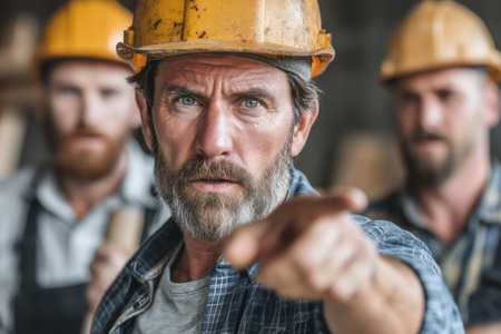 A construction worker in a hard hat gestures emphatically towards his team on a job site. His serious expression emphasizes leadership and teamwork in a dynamic construction environment.の素材