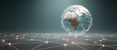 This image showcases a holographic Earth floating above a dark, technological surface, framed by glowing connections. Ideal for themes of innovation and scientific exploration.の素材