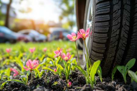 Bright Summer Day with Car Tire Among Blooming Flowers on Scenic Roadsideの素材