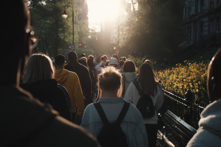 A serene back view of a diverse crowd walking toward the camera in a sunlit urban park, surrounded by blooming flowers and lush greenery, creating a tranquil atmosphere.の素材