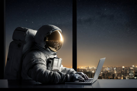An astronaut in a reflective visor operates a laptop at a window, overlooking city lights at night. The image captures a blend of technology and space exploration.の素材