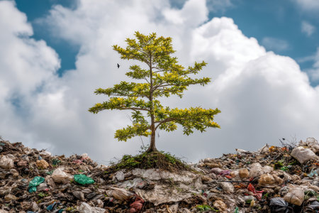 A singular, strong tree thrives in the middle of barren land, highlighting resilience against a backdrop of trash and cloudy skies. An inspiring scene of hope.の素材