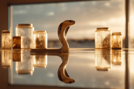 A captivating image of a cobra slithering past oil drums, with reflections in a serene setting during sunset. The contrast of nature and industry creates a striking visual.の素材