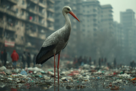 A solitary stork stands in a polluted marsh, surrounded by urban debris and waste, capturing the stark contrast between nature and city life in challenging conditions.の素材
