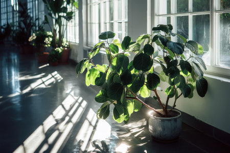 A serene scene showcasing soft shadows of leafy plants on the wall as sunlight filters through large windows, creating a calm indoor garden atmosphere.の素材