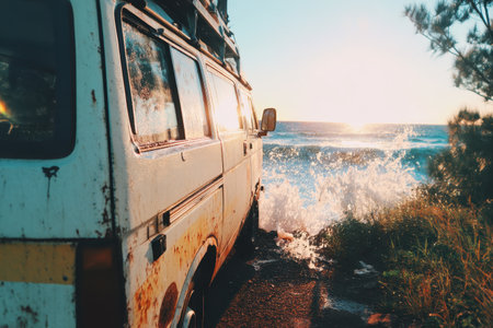 A vintage vehicle parked on a coastal cliff road with breathtaking views of the ocean waves and a vibrant sunset. Ideal for travel and adventure themes.の素材