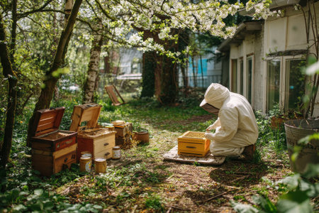A diligent beekeeper in a protective suit carefully inspects a bee colony in a serene garden setting, surrounded by blooming flowers and green foliage.の素材