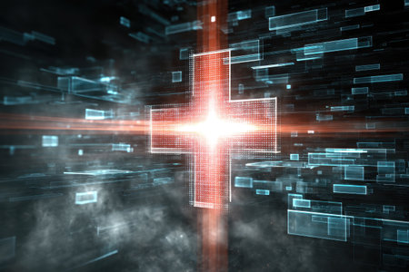 Explore an abstract representation of a glowing medical cross, enhanced by soft stream effects and vibrant light. This image symbolizes healthcare innovation and technology.の素材