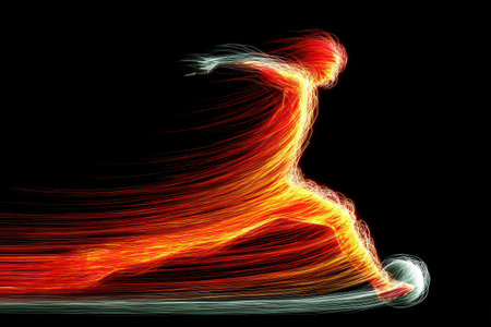 Explore an artistic representation of a soccer player in motion, kicking a ball with vibrant colors and long exposure effects, showcasing energy and speed.の素材