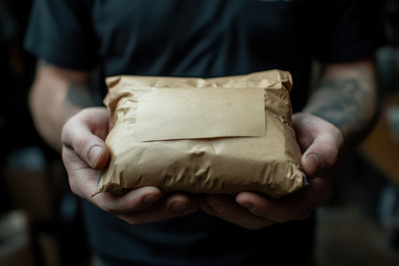 Close-up view of hands carefully unboxing a package with a brown wrap, evoking excitement and anticipation in a warm, natural light setting.の素材