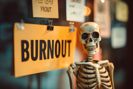 A striking image showcasing a skeleton representing burnout, surrounded by attention-grabbing signs in a soft, dimly lit environment. This creative metaphor captures the essence of exhaustion and emotional fatigue.の素材