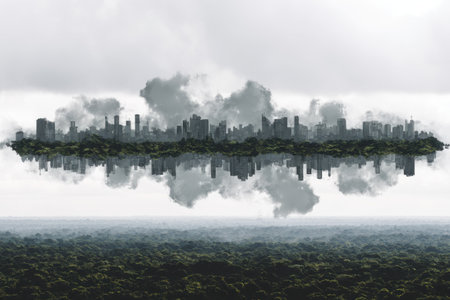 A stunning visual of an urban skyline merging seamlessly with lush greenery, showcasing the contrast between city structures and nature's beauty.の素材