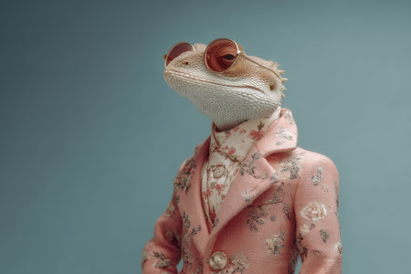 Dapper Chameleon in Pink Floral Suit Posing with Mirror in Stylish Photo Shootの素材