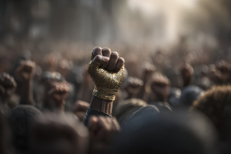 A striking image showcasing a vast crowd united with raised fists, symbolizing strength and solidarity in a powerful protest.の素材