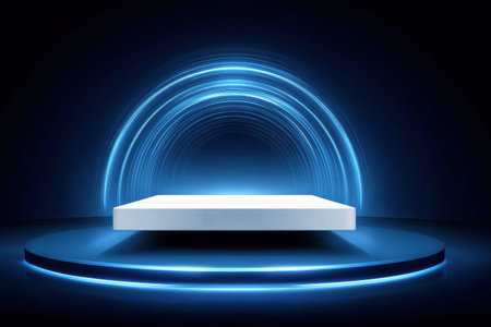 This image presents a geometric perspective of a speed tunnel, featuring a minimal platform illuminated by dynamic light effects. Ideal for modern and futuristic projects.の素材