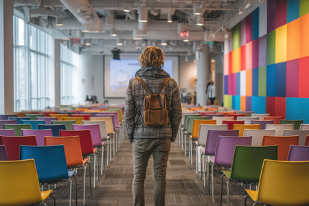 A person confidently steps into a vibrant and modern space filled with colorful chairs, ready for a new opportunity and exploration. This striking interior captures a moment of calm and ambition.の素材
