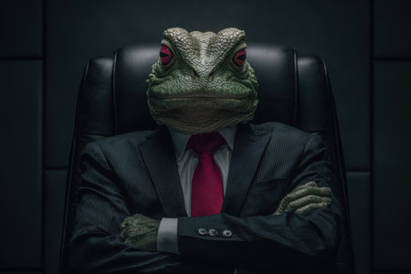 A whimsical frog character dressed in a black suit and red tie sits confidently in an office chair, arms crossed, exuding a unique blend of humor and elegance.の素材