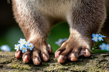 A close-up view of adorable otter paws walking beside a serene riverbank, surrounded by delicate wildflowers and rocks. Perfect for nature enthusiasts.の素材