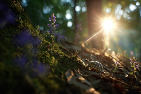 A serene image of a tortoise slowly moving across dappled earth, bathed in warm sunlight streaming through the forest, showcasing the beauty of nature.の素材