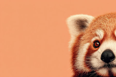 This close-up image features a red panda's face in stunning detail, set against a soft pastel peach background. Perfect for nature enthusiasts and wildlife lovers.の素材