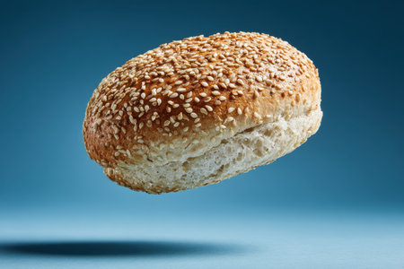 A visually striking image of a floating sesame seed bun against a vibrant blue background, ideal for food-related creative projects and presentations.の素材