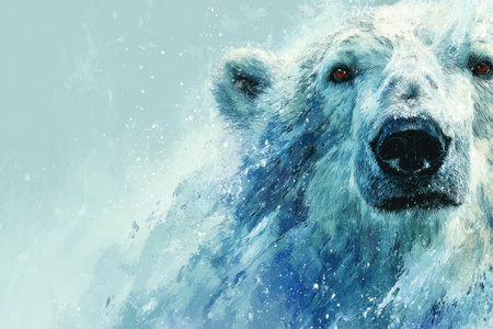 This stunning close-up portrait captures the intricate details of a polar bear's face, showcasing its soft fur and striking eyes against a serene pale blue backdrop.の素材