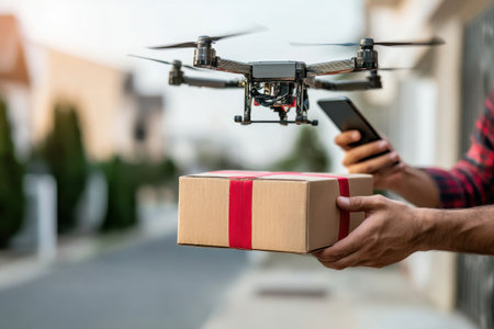A modern drone delivers a package to a doorstep while a person checks their phone, showcasing innovative delivery technology and convenience in an outdoor setting.の素材