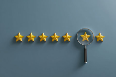 A stylish magnifying glass highlights golden stars on a sleek blue background, emphasizing quality assessment and attention to detail in visual layout design.の素材
