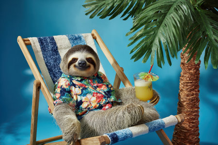A sloth is sitting in a chair with a drink in its hand. The drink is a yellow cocktailの素材