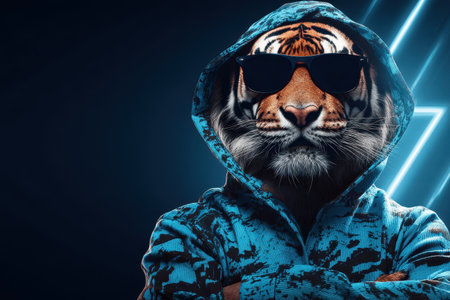 A tiger wearing a hoodie and sunglasses is posing for a photo. The image has a cool, edgy vibe with the tiger's outfit and sunglassesの素材