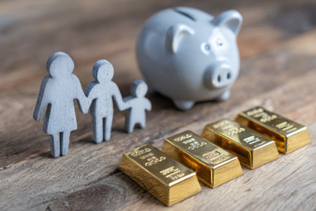 A heartwarming silhouette of a family holding hands beside a piggy bank and gold bars, symbolizing financial security and prosperity in a warm home setting.の素材