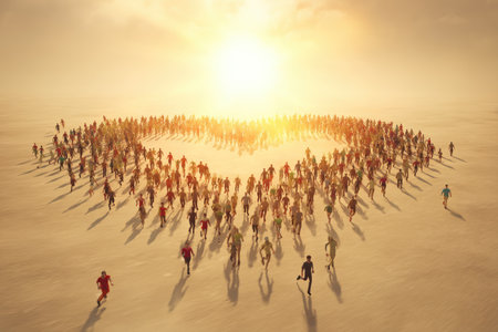 A large group of people running in a circle, forming a heart shape. Concept of unity and togetherness, as the people are all working towards a common goalの素材