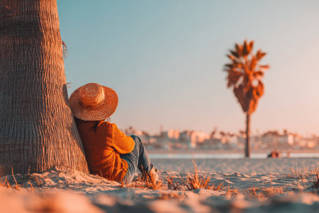 A serene beach scene featuring a person leaning against a palm tree, wearing a straw hat. The warm colors of sunset create a tranquil atmosphere perfect for relaxation and escape.の素材