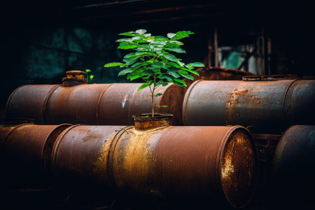 A small plant is growing in a container on top of a pile of rusty barrels. The scene is dark and moody, with the plant standing out against the backdrop of the rusted barrelsの素材