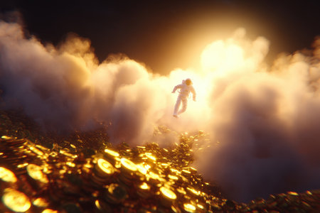 A man in a spacesuit is flying through a cloud of gold coins. The scene is surreal and dreamlike, with the man appearing to be weightless and free from the constraints of gravityの素材
