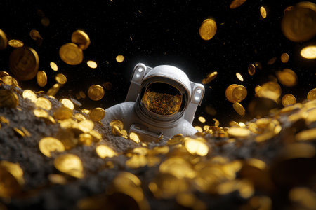 A man in a spacesuit is surrounded by gold coins. Concept of wealth and abundanceの素材