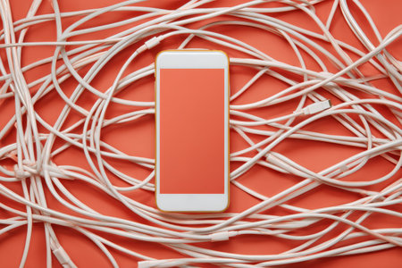 Confusing Tangle of Charging Cables Surrounding a Silent Smartphone on a Bold Backgroundの素材