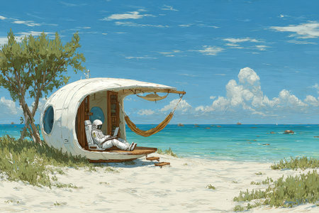 A captivating futuristic beachfront workstation features an astronaut lounging in a unique pod. The serene setting offers a tranquil escape with stunning ocean views.の素材