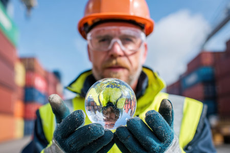 A logistics worker utilizes augmented reality glasses to monitor operations in a transport facility, showcasing the integration of technology in the industry.の素材