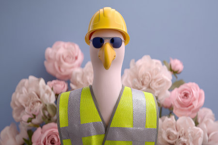 A confident flamingo wearing sunglasses and safety gear stands humorously against a floral backdrop. Perfect for adding a playful touch to any project or design.の素材