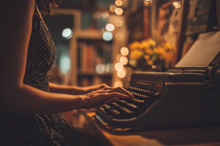 A woman in a vintage polka dot dress types on an old fashioned typewriter, surrounded by warm lights and flowers. This cozy scene captures the essence of creativity and nostalgic charm.の素材
