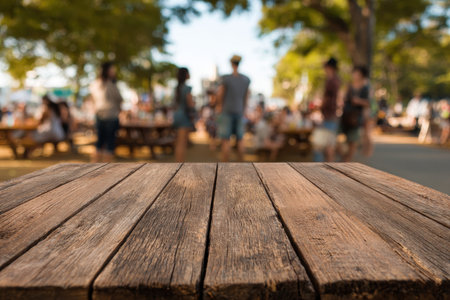 A rustic empty wooden table set against a blurred backdrop of friends enjoying an outdoor picnic in a lively park, capturing a joyful summer atmosphere.の素材