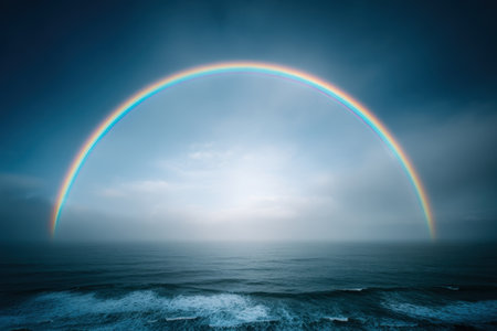 Experience the beauty of a serene cloudy sky over the sea horizon, featuring a subtle rainbow glowing in the distance amidst the atmospheric wonder.の素材