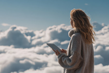 A freelancer is seen from behind, using a tablet while standing above fluffy clouds, capturing a moment of remote work in a serene and inspiring environment.の素材