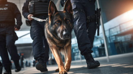 A dynamic shot depicts security personnel in tactical gear walking a focused dog on a leash, illustrating teamwork and vigilance in an urban setting.の素材